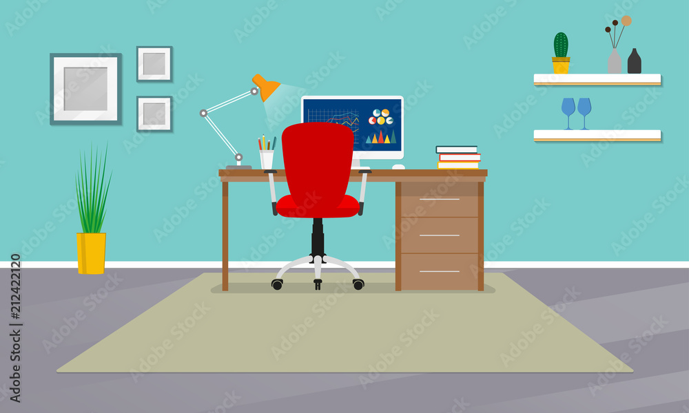 Home office interior. Workspace in room with office chair, desk and computer. Modern business background. Vector illustration. Home office interior. Workspace in room with office chair, desk and computer. Modern business background. Vector illustration.
