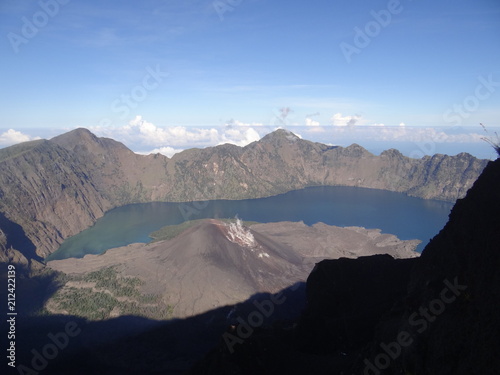 Volcano Lake with active Volcano at Mount Rinjani Volcano Trekking Indonesia