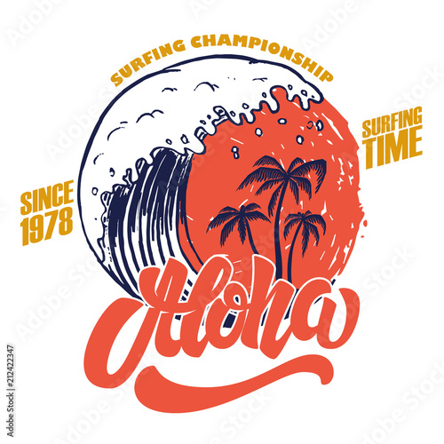 Aloha. Surfing time. Poster template with lettering and palms.