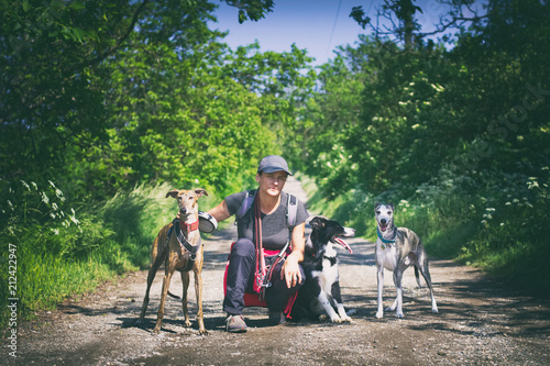 Owner on a walk with her dogs 