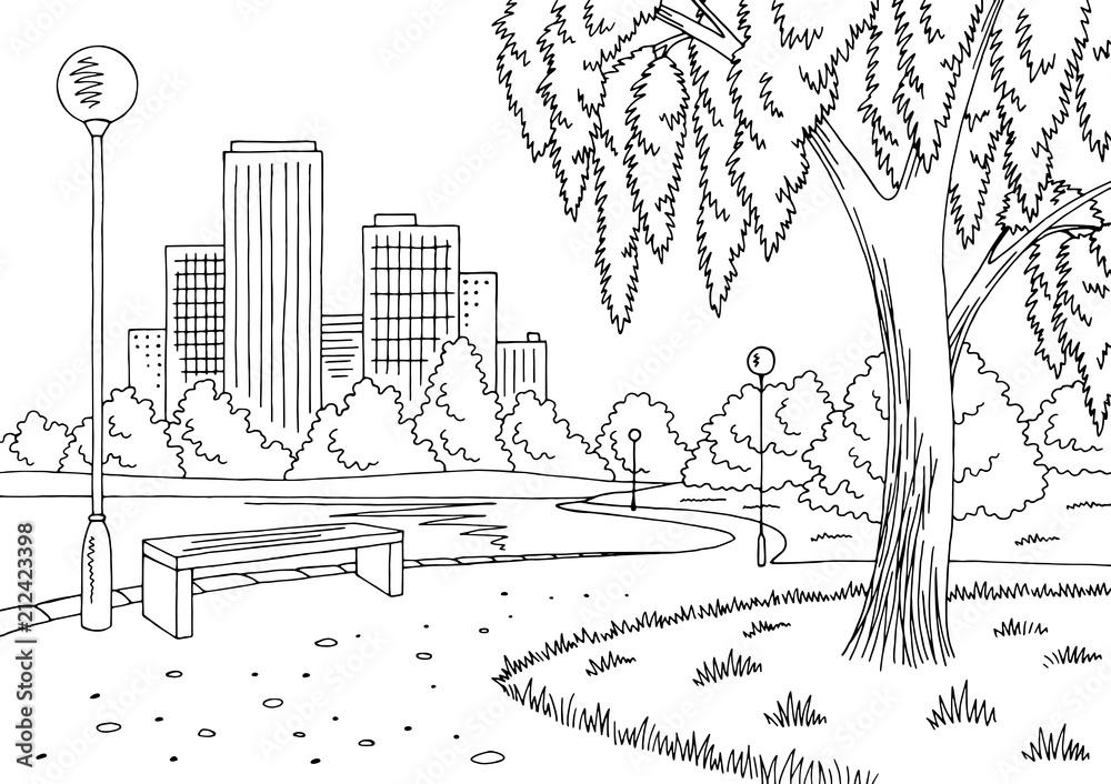 Park lake graphic black white landscape sketch illustration vector