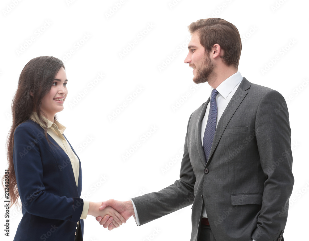 Full-length handshake, business partners, isolated on white back Full-length handshake, business partners, isolated on white back
