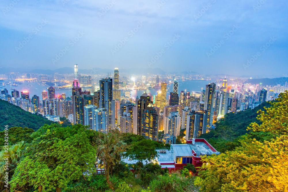 Skyline of Hong Kong during the blue hour with already the whole city in lights