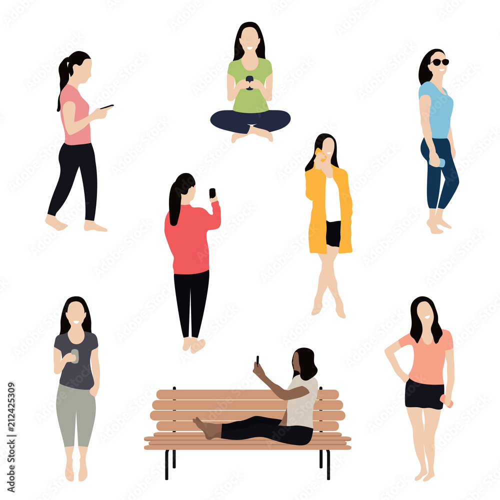 Woman using smartphone, talking, texting and taking selfie. Crowd of fashionable women standing and sitting in different poses and using smartphone. Character design