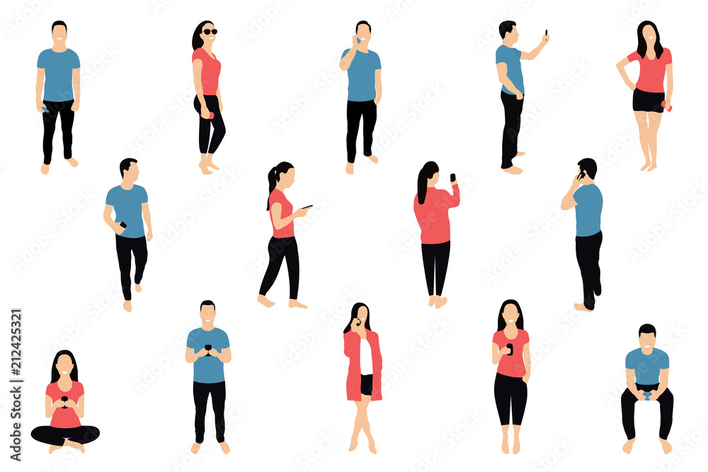 Crowd of people with smartphones. Men and women are using smartphones, texting, talking and taking selfie. Social network and messengers concept. Characters in flat isometric style