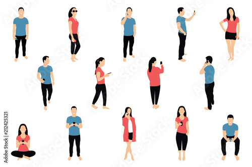 Crowd of people with smartphones. Men and women are using smartphones, texting, talking and taking selfie. Social network and messengers concept. Characters in flat isometric style