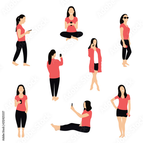 Crowd of people with smartphones. Women, teens, young girls are using smartphones, texting, talking and taking selfie. Social network and messengers concept. Characters in flat isometric style