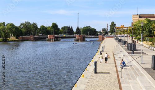 Elblag in polish Pomerania. Riverside boulevards and renovated Dolny Bridge on Elblag River, at Studzienna St. in  Old Town photo