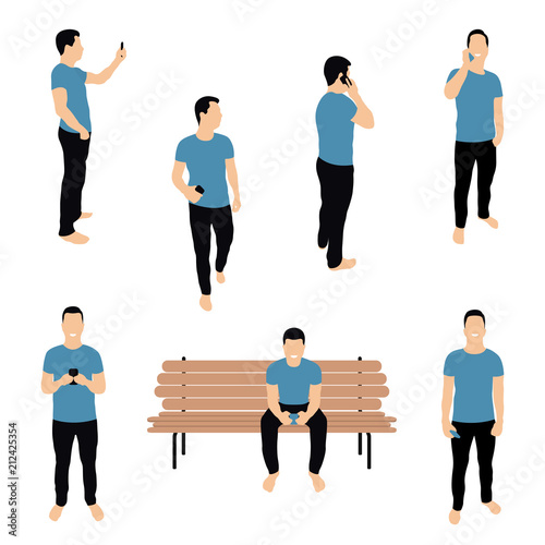 Crowd of people with smartphones. Men, teens, young boys are using smartphones, texting, talking and taking selfie. Social network and messengers concept. Characters in flat isometric style