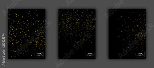 Gold glitter textures set on black background, vector illustration. Confetti particles flying in the air, explosion golden fragments party invitation concept.
