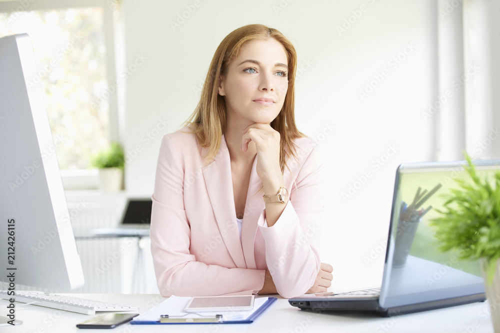 Thinking young financial assistant businesswoman Thinking young financial assistant businesswoman