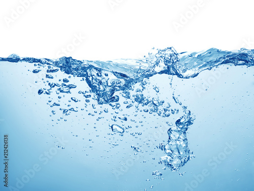 water with air bubbles underwater, splash and waves on white background