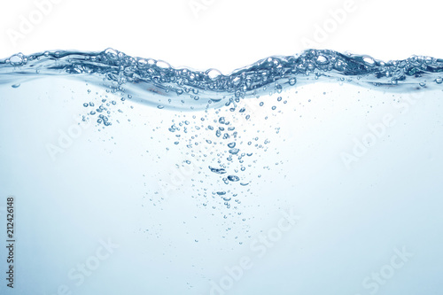 water with air bubbles underwater and waves on white background