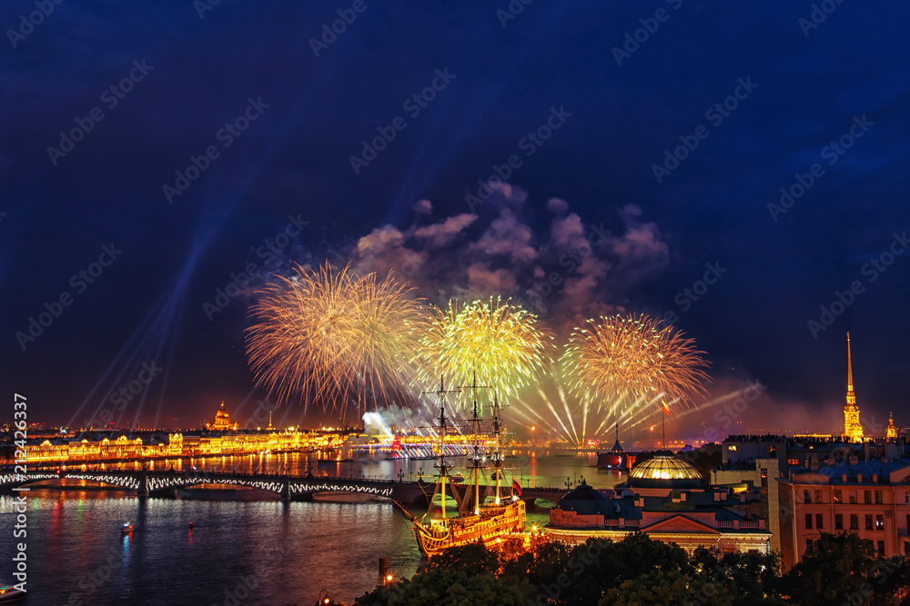 Fototapeta premium Festive fireworks in St. Petersburg.