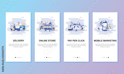 Onboarding screens user interface kit for mobile app templates concept. Modern user interface UX, UI screen template for mobile smart phone or responsive web site. Vector illustration flat design.