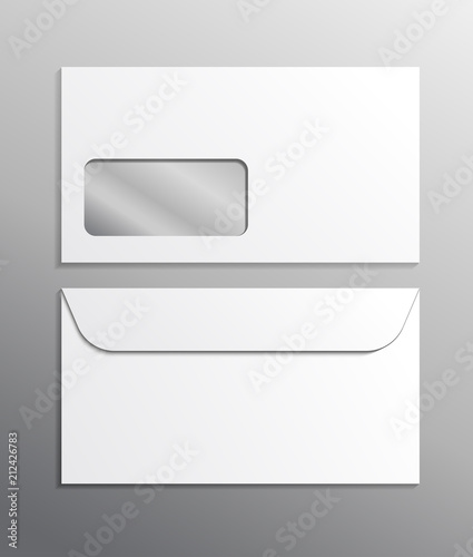 Envelope 3d vector realistic ad mockup white blank. Mail office template closed isolated illustration with window. Front and back letter postcard paper. Newsletter dl print a4 standart clean branding.