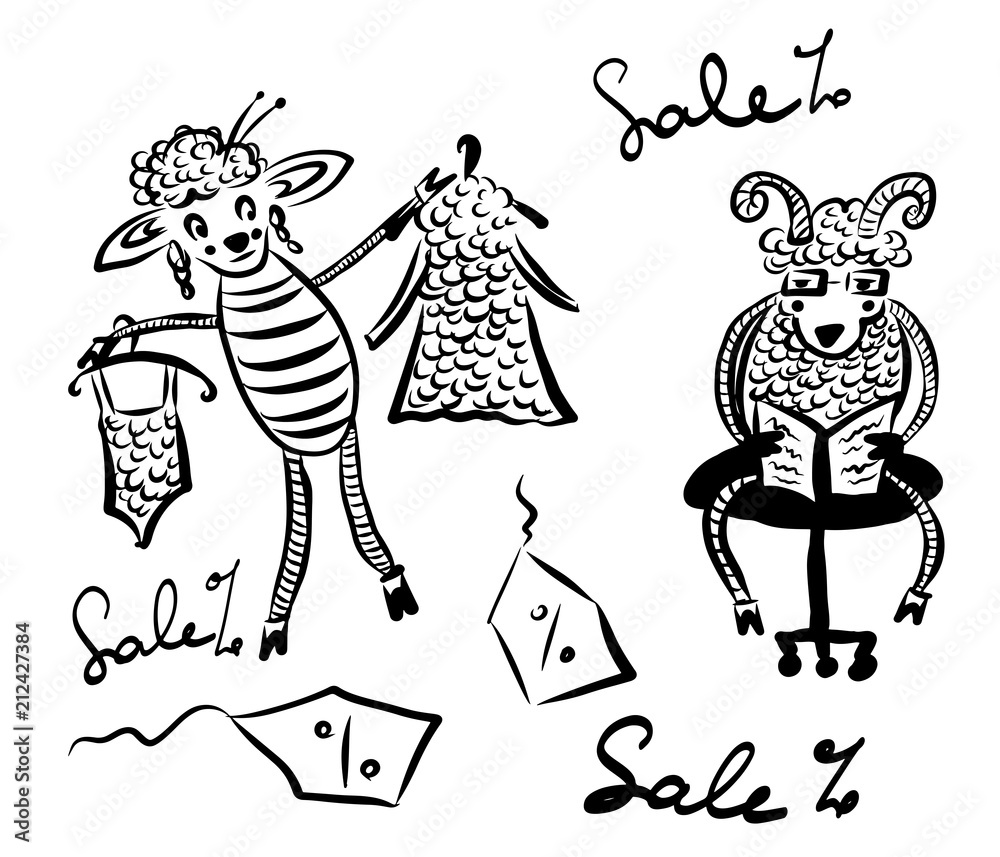 drawing picture cartoon, husband and wife, a sheep with a sheep in a  clothing store, a