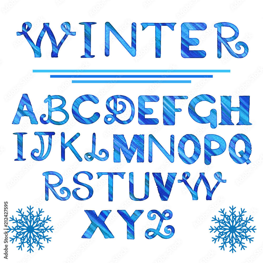 Hand drawn watercolor winter blue alphabet