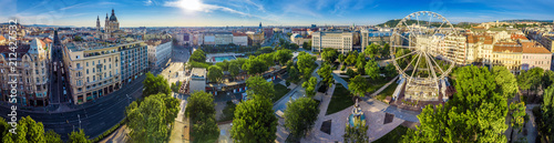 Budapest, Hungary - Aerial panoramic view of Elisabeth square (Erzsebet ter) at sunrise. This view includes St.Stephen's Basilica, Deak Square, Parliament, Buda Castle Royal Palace, Statue of Liberty © zgphotography