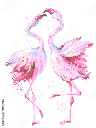 Two beautiful pink flamingos dancing in honeymoon, making love, vector hand drawn illustration isolated on white background