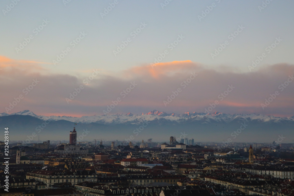Obraz premium View on the alps and the city from the Monte dei cappuccini in Turin.