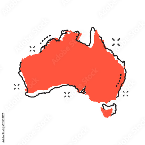 Cartoon Australia map icon in comic style. Australia illustration pictogram. Country geography sign splash business concept.