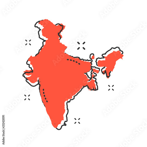 Cartoon India map icon in comic style. India illustration pictogram. Country geography sign splash business concept.