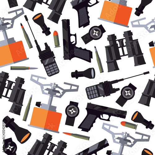 Seamless pattern with army soldier goods like portable radio, flashlight, compass, gun, bullets, binoculars and gas-burner on white background