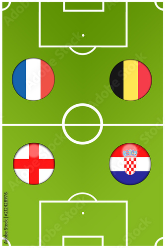 flags of Belgium, France, Croatia and England on the background of a football field