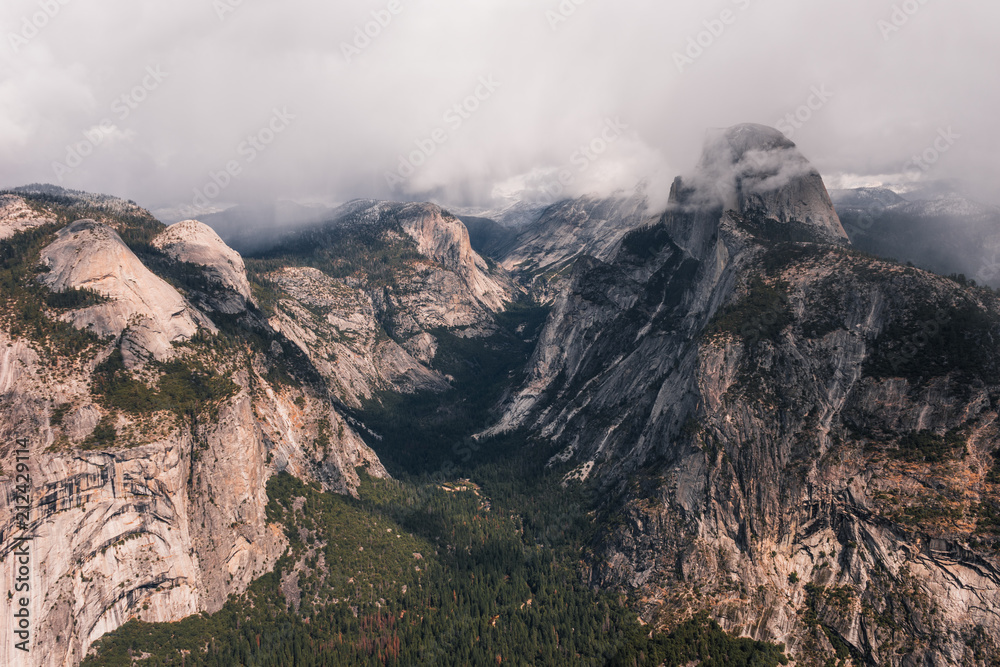 Yosemite NP, USA: Mountain landscape with famous Half dome rock formation, Glacier point lookout