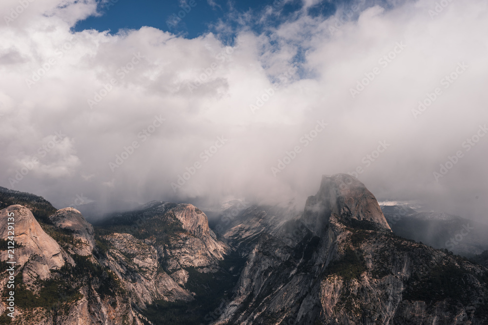 Yosemite NP, USA: Mountain landscape with famous Half dome rock formation, Glacier point lookout