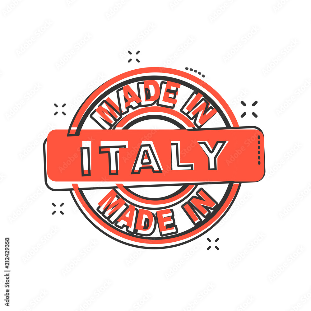 Cartoon made in Italy icon in comic style. Italy manufactured illustration pictogram. Produce sign splash business concept.