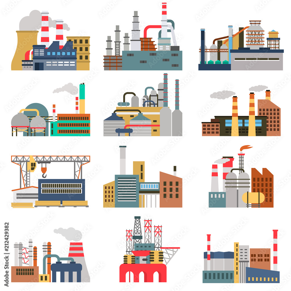 Different factories color flat illustrations set
