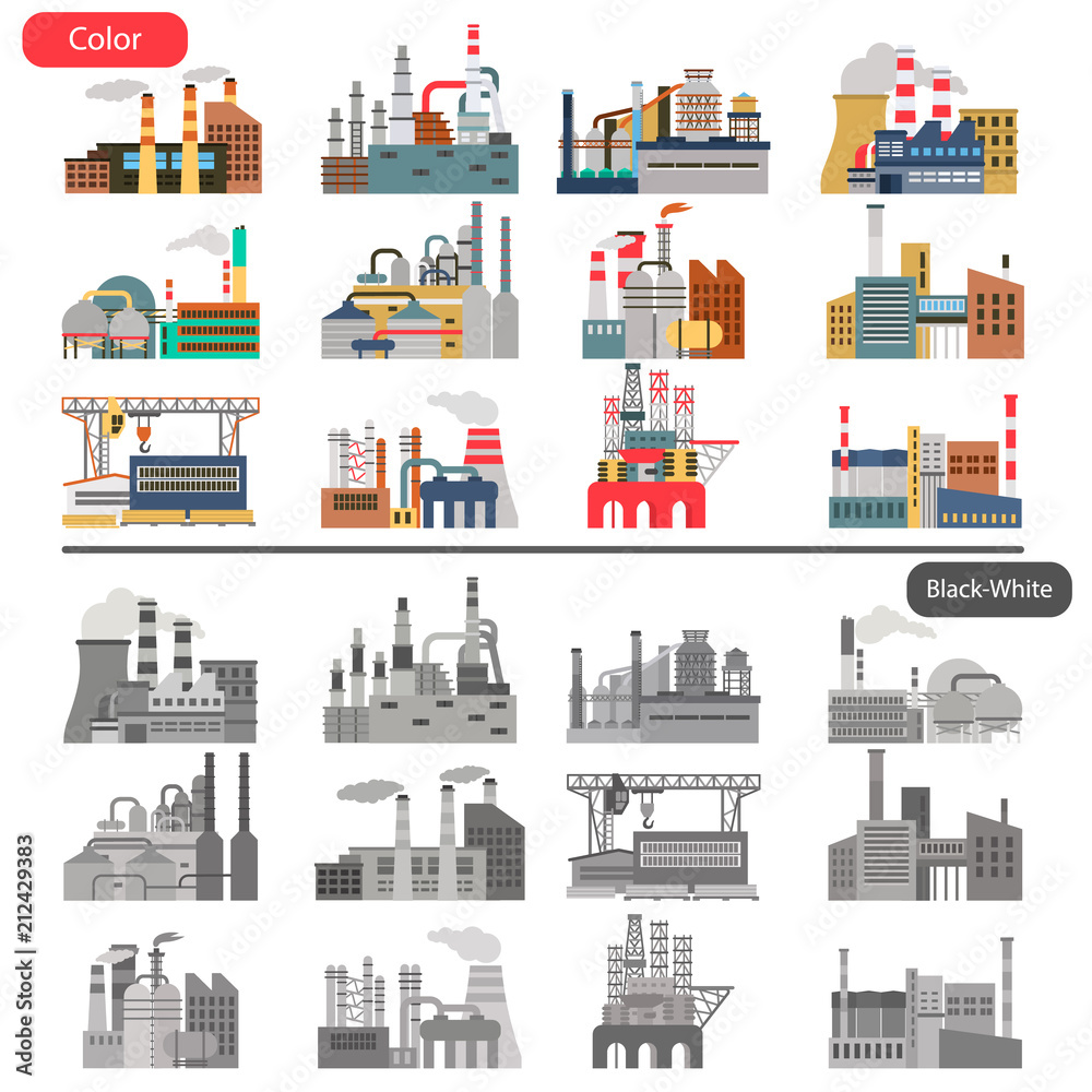 Obraz premium Different factories flat illustration set in color and black and white concept