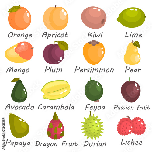 Different fruits of the world color flat icons set