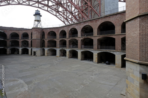 Inside view of Fort Point, a masonry seacoast fortification located at the southern side of the Golden Gate. A view of the Fort Point arch and the octagonal structure atop the circular staircase.