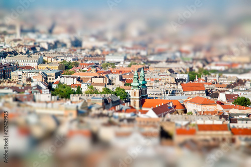 Aerial view of city of Budapest, Hungary. Miniature tilt shift lens effect.
