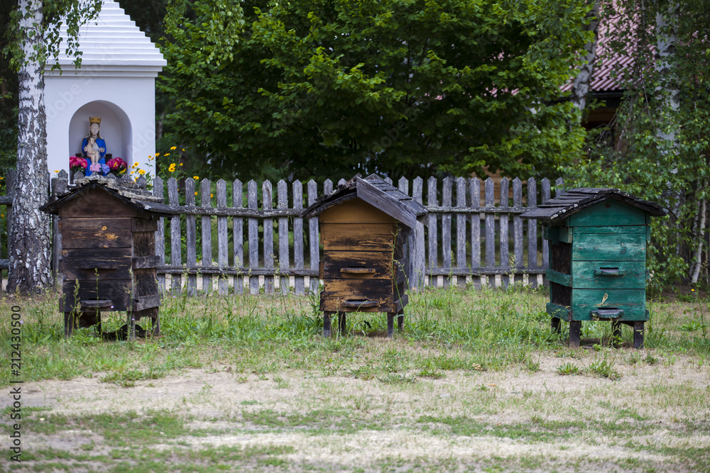 Old bee hives on an apiary in a clearing in the village 