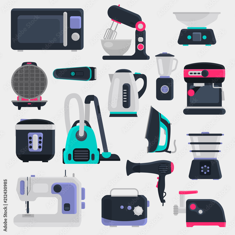 Different small home appliences flat icons set on gray background Different small home appliences flat icons set on gray background