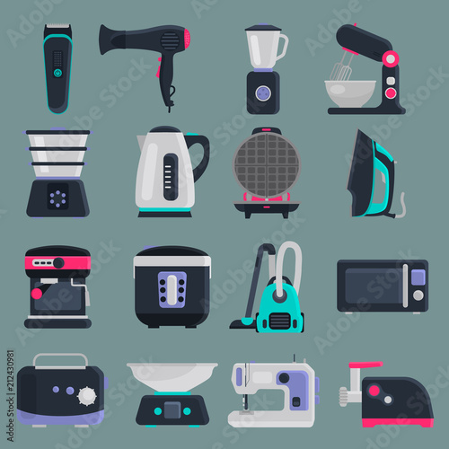 Different small home appliences flat icons set on color background