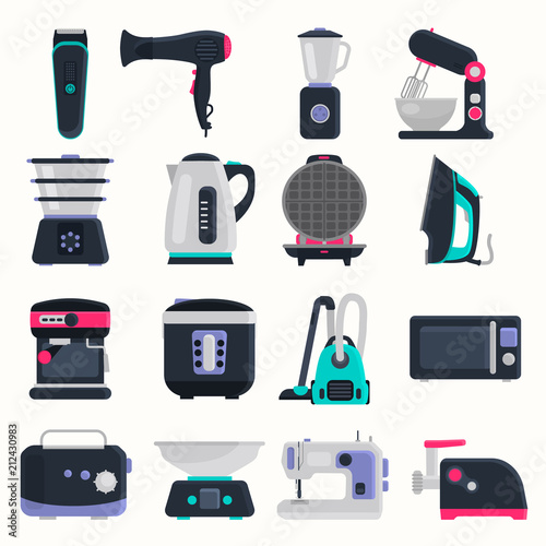 Different small home appliences flat icons set on white background