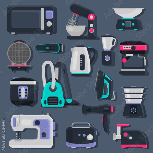 Different small home appliences flat icons with shadow set on dark background