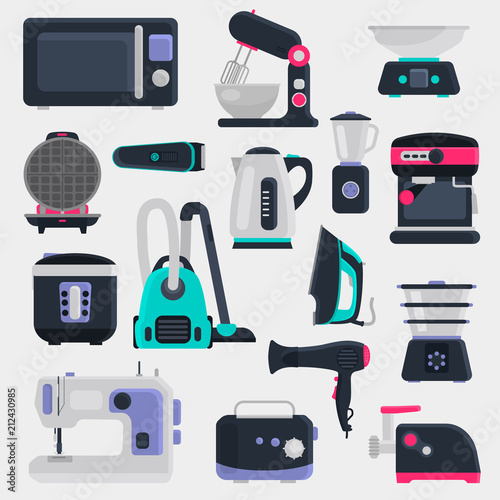Different small home appliences flat icons set on gray background