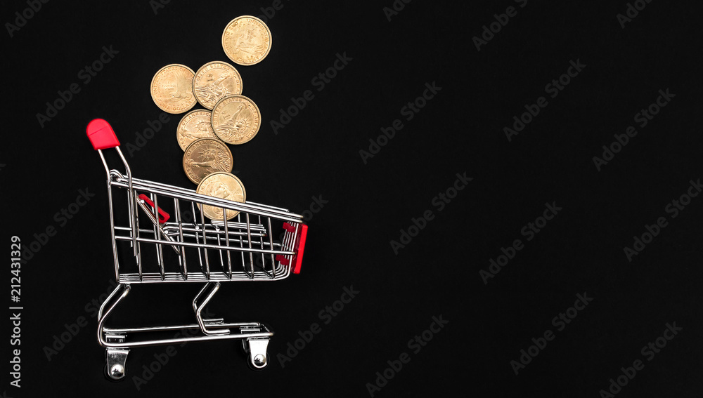 Shopping cart with coins on black. Space for text.