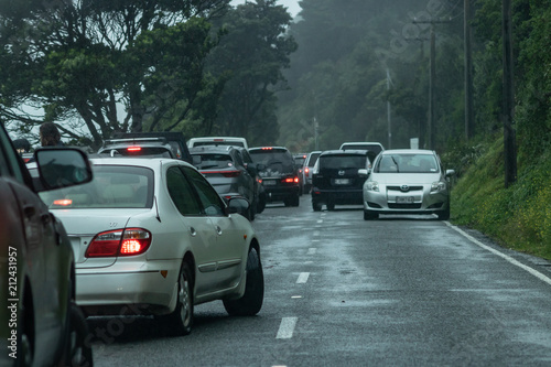 Traffic Jam On Small Seaside Road In New Zealand 