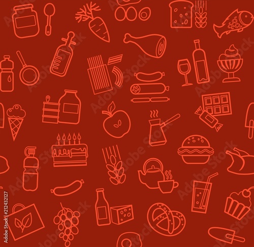 Food, seamless pattern, contour, dark red, grocery, vector. Food and drinks, production and sale. Vector background. Red line icons on the red field. 