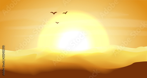 Hot yellow and orange empty desert panoramic landscape with dunes and sunset, sundown in gold yellow colors. Calm desert background, dune and hills. Game deserts scene with big sun, birds and clouds