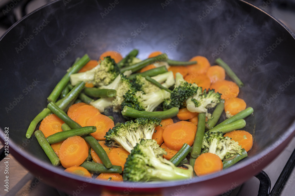Cooking vegetables in pan closeup Cooking vegetables in pan closeup