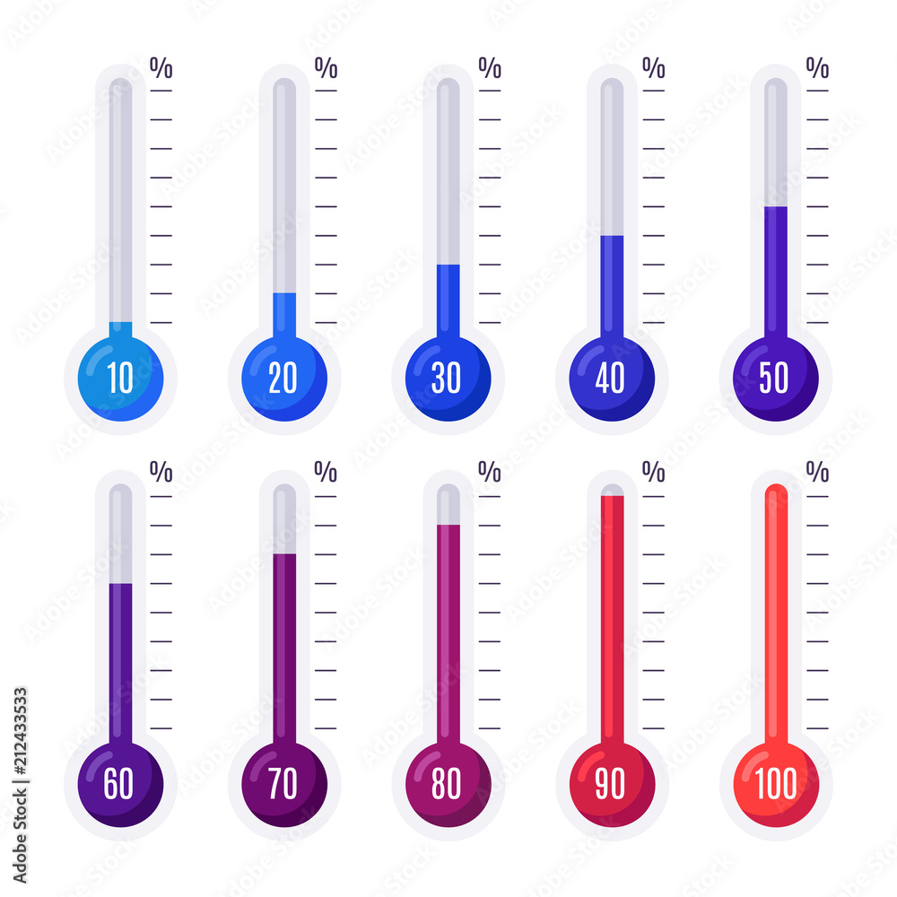 Thermometers with different temperatures. Goal measurement infographic thermometer Thermometers with different temperatures. Goal measurement infographic thermometer