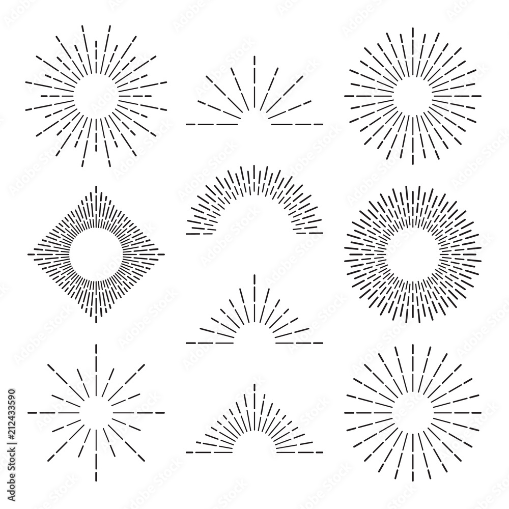 Retro sunburst rays. Radiant sunset or sunrise burst light lines. Abstract hand drawn sunsets vector symbols set